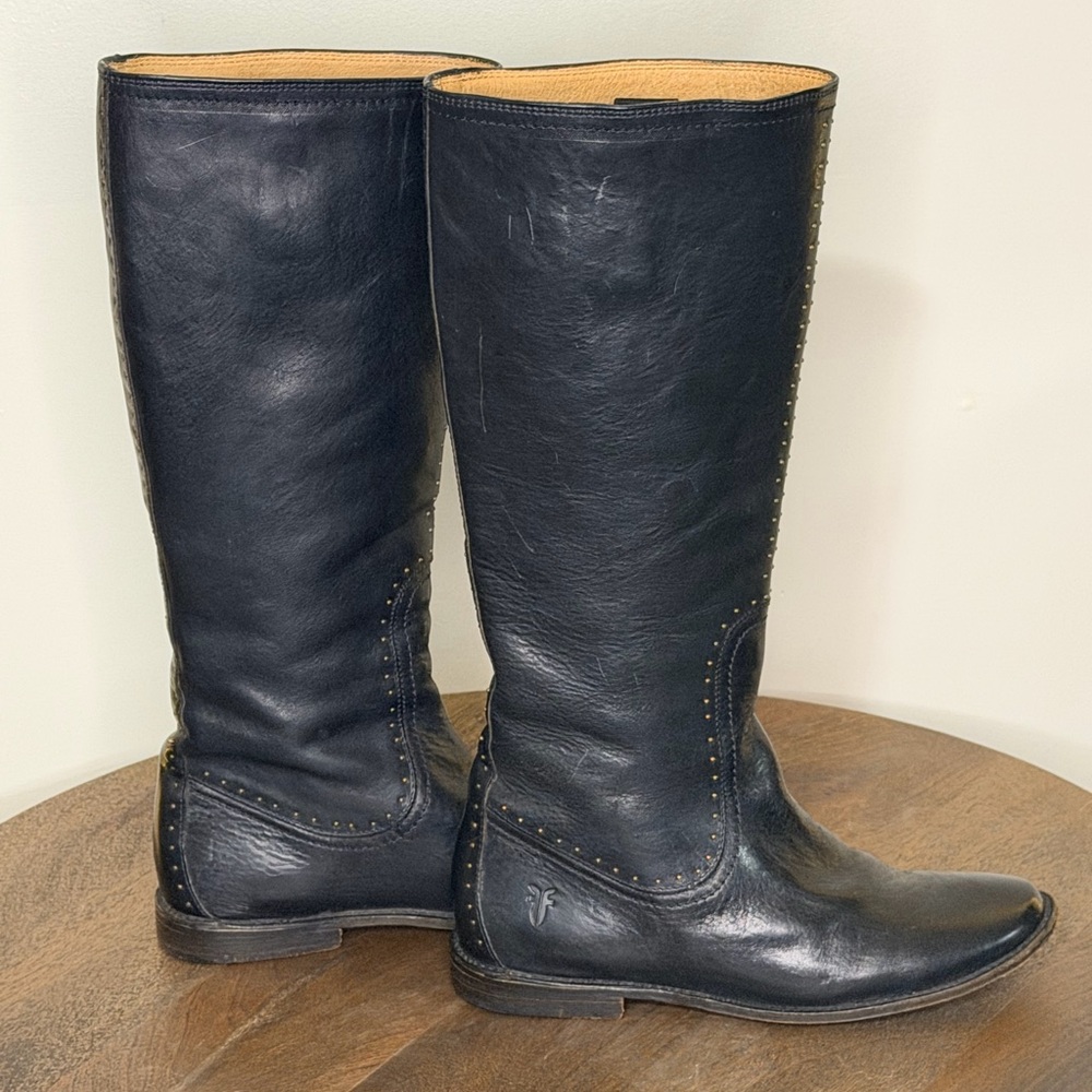 Frye Black Leather Studded Riding Boots